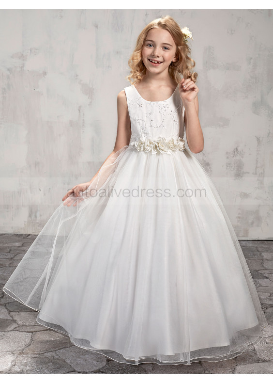 Beaded Ivory Lace Tulle Flower Girl Dress With Handmade Flower Sash